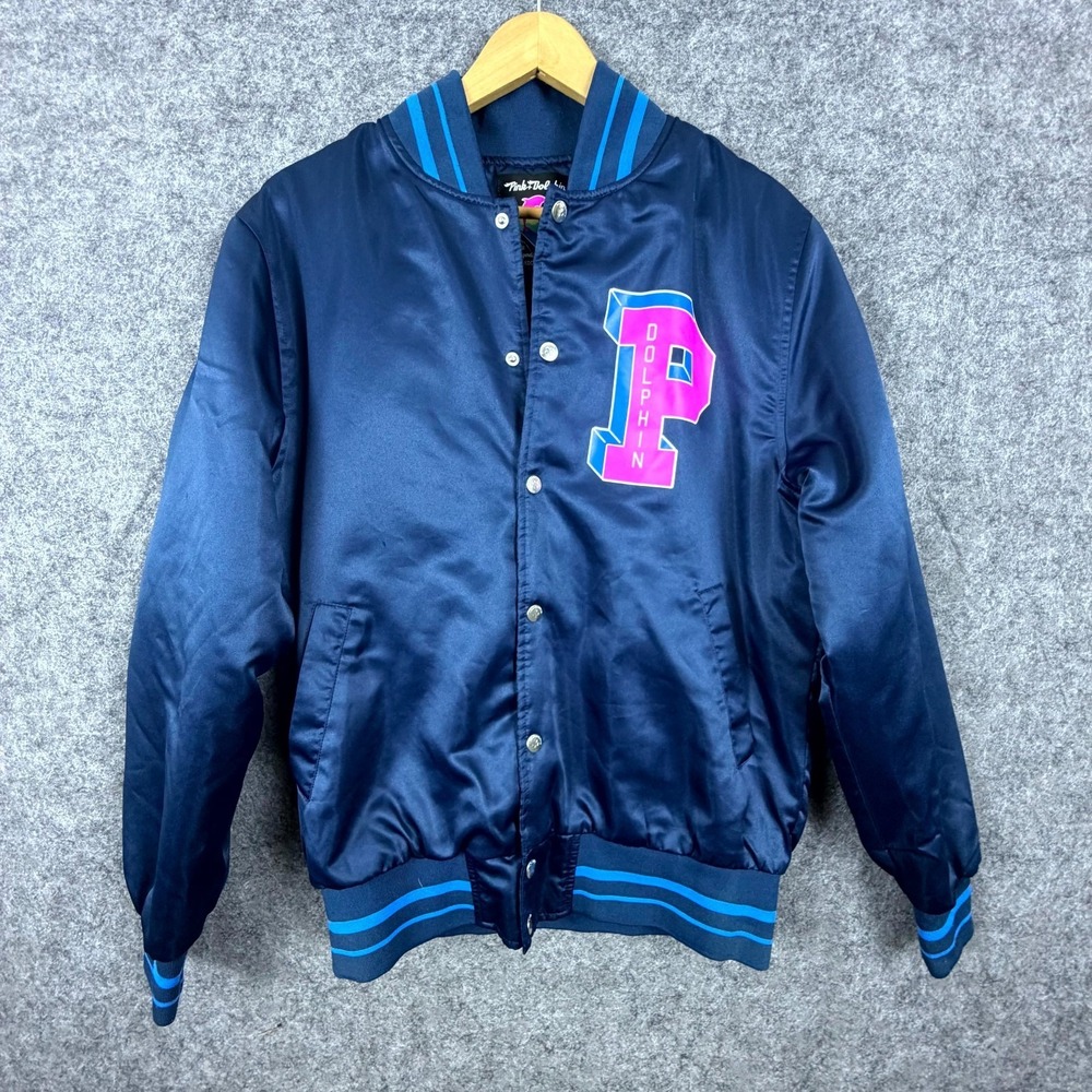 Pink Dolphin Satin Varsity Jacket Men Large Blue Pink Logo Ribbed‎ Snap Front